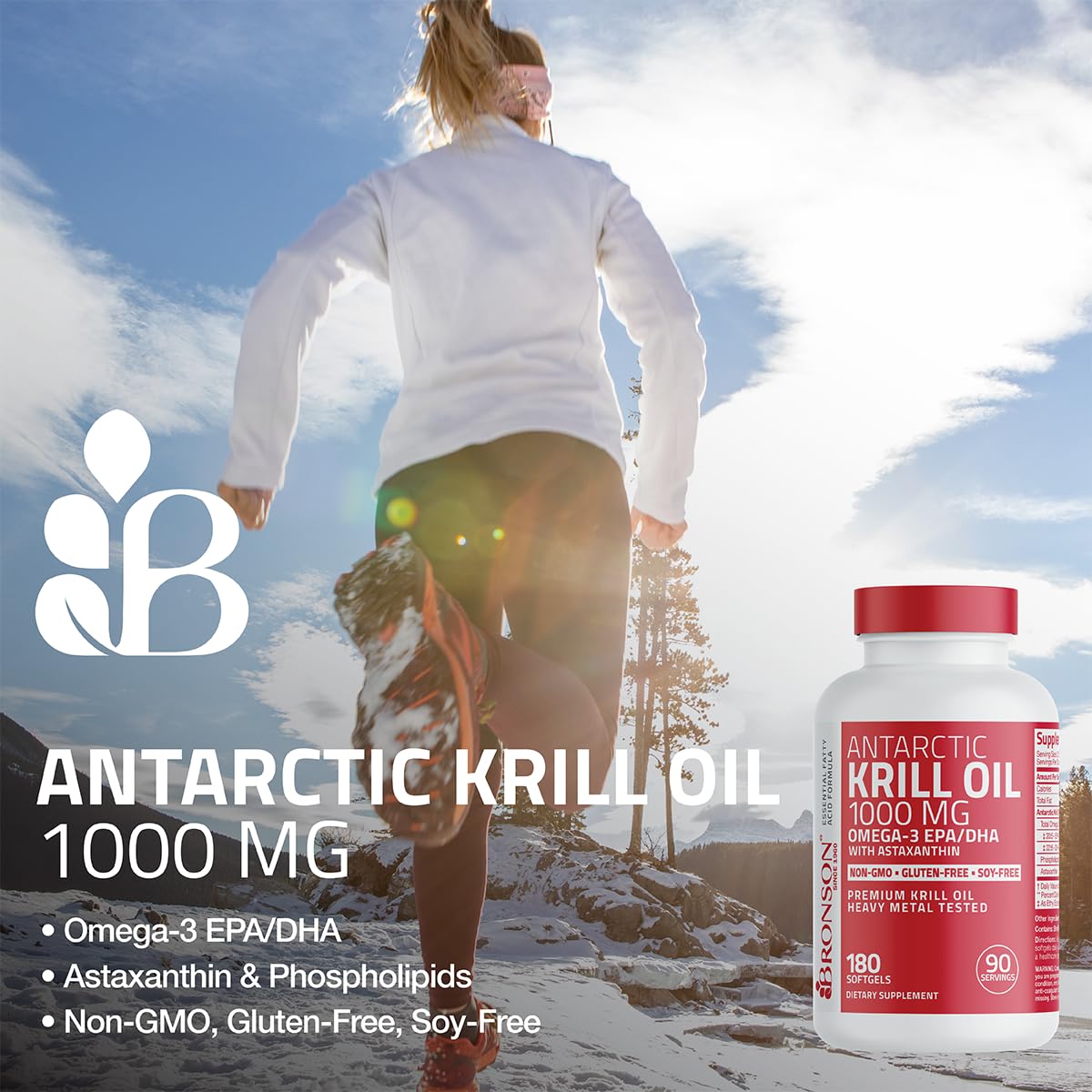Authentic Bronson krill oil with astaxanthin bottle showcasing non GMO labels