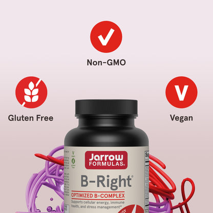 Authentic Jarrow Formulas B-Right 100 count bottle displaying vegan and non-GMO labels