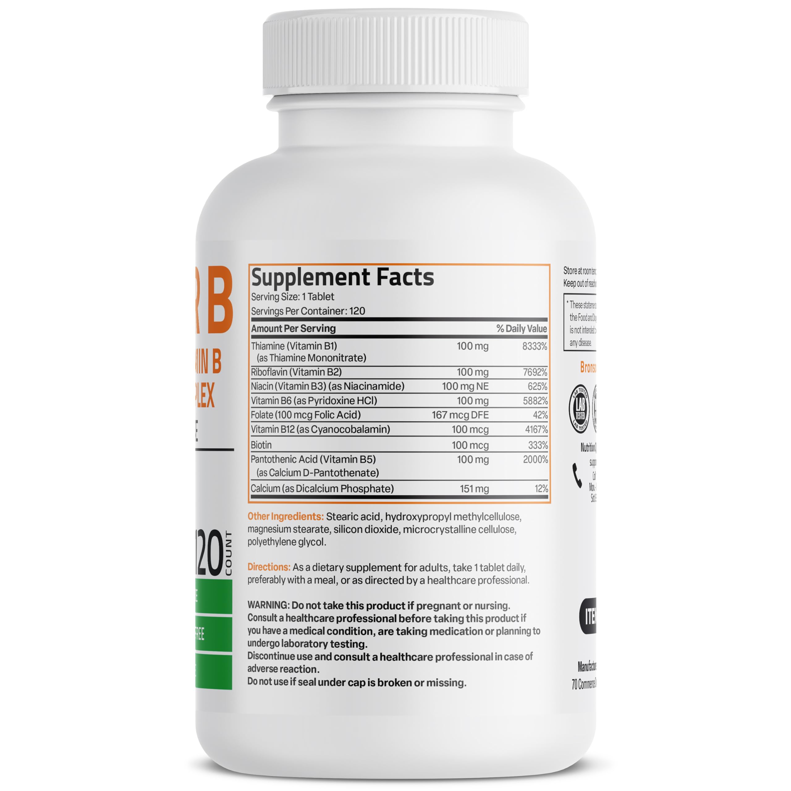 Bronson Super B100 Vitamin B Complex supplement facts label outlining complete ingredients list