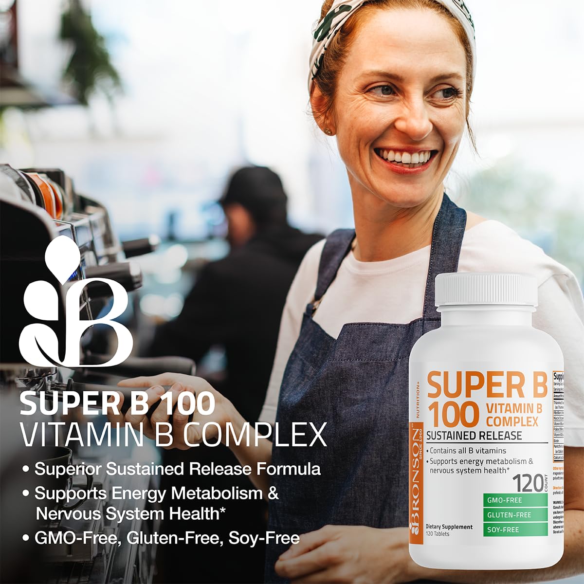 Side view of Bronson Super B100 dietary supplement bottle highlighting non-GMO and gluten-free seals