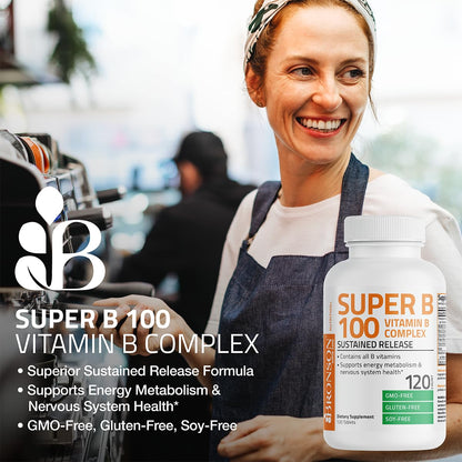 Side view of Bronson Super B100 dietary supplement bottle highlighting non-GMO and gluten-free seals