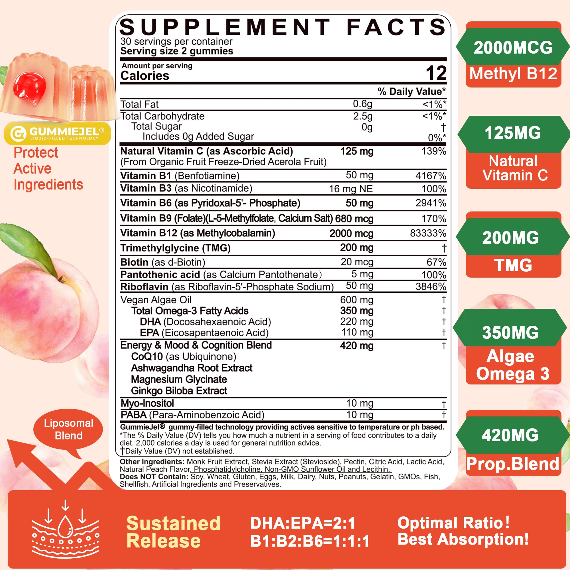 Close up of liquid filled peach flavored vitamins showing innovative advanced nutritional technology.
