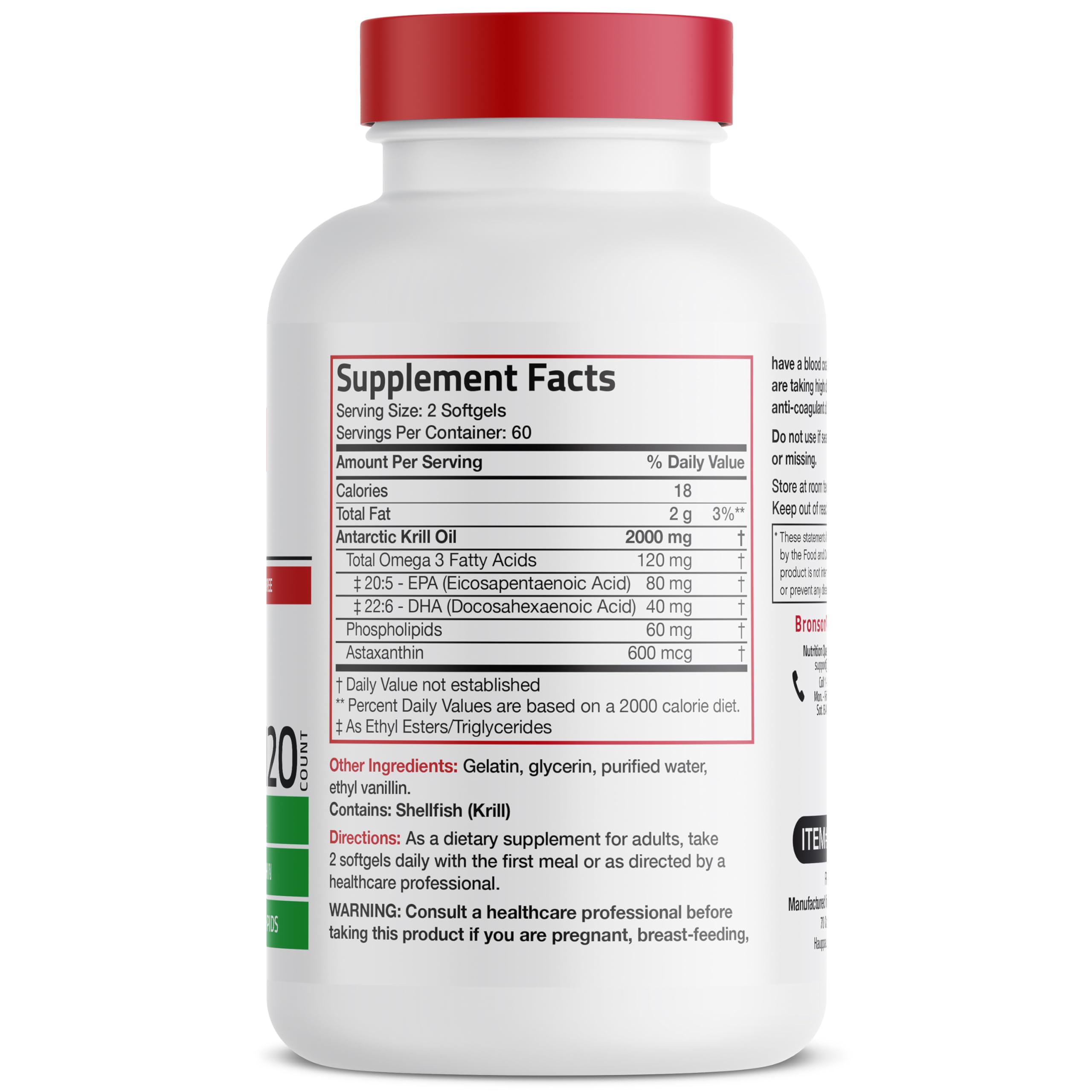 Bronson extra strength premium krill oil supplement facts and ingredient label close up.
