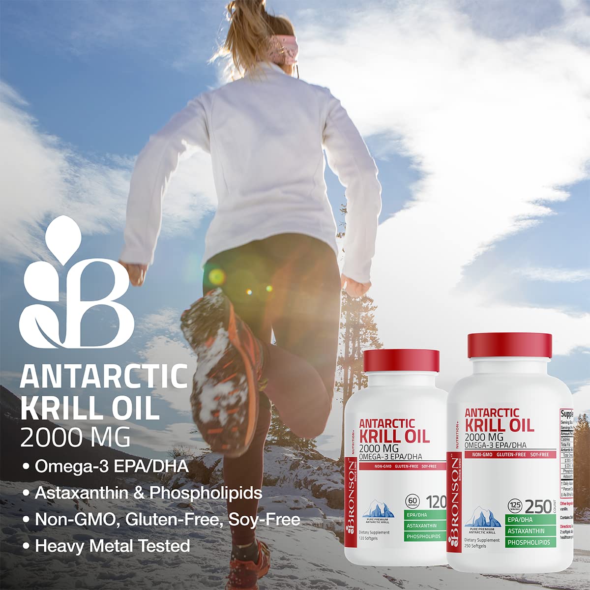 Authentic Bronson imported omega three krill oil softgels showcasing pristine Antarctic sourcing labels.