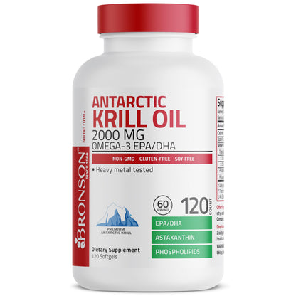 Two krill oil softgels placed next to the Bronson 120 count supplement bottle.