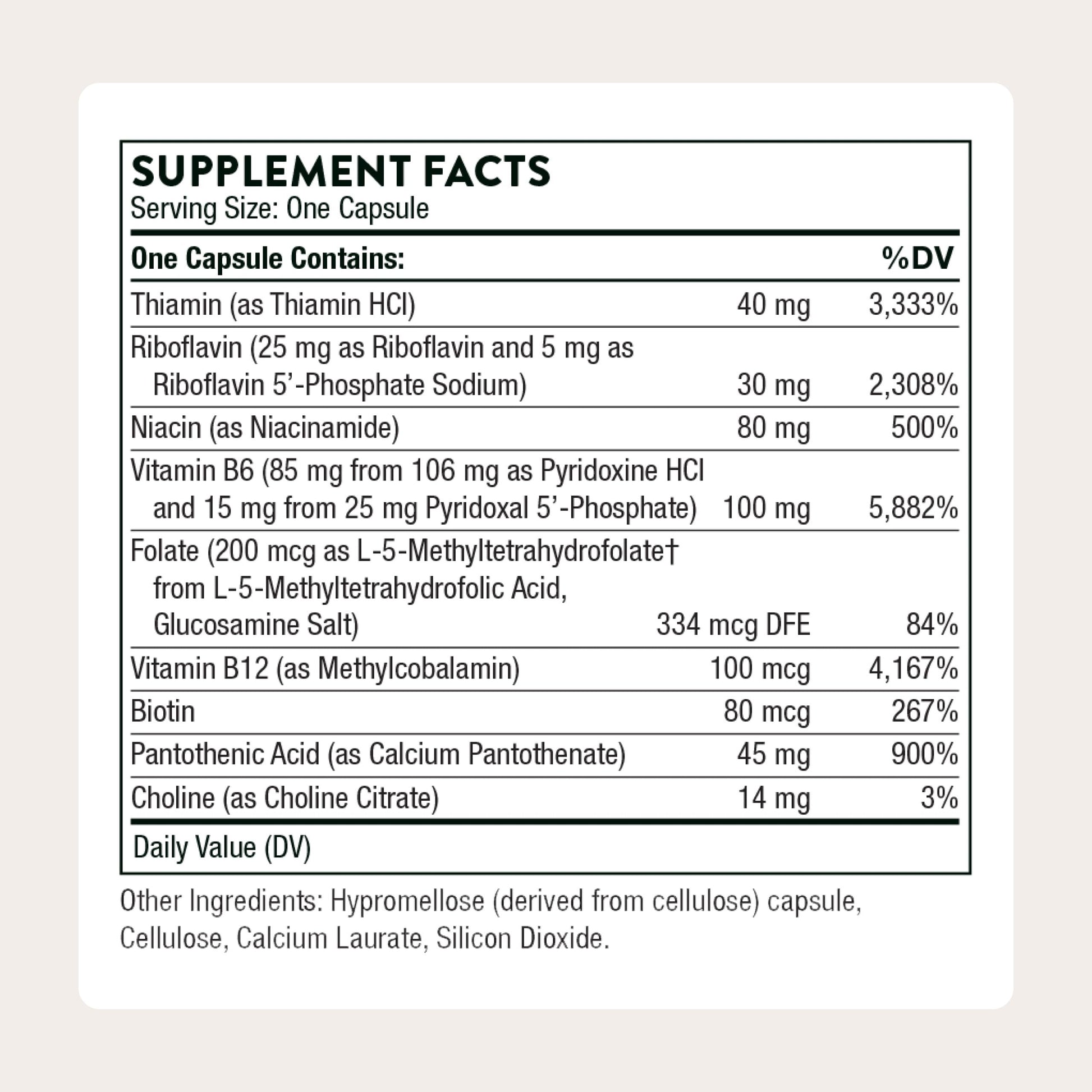 Thorne high potency vitamin B complex supplement nutrition facts label view.