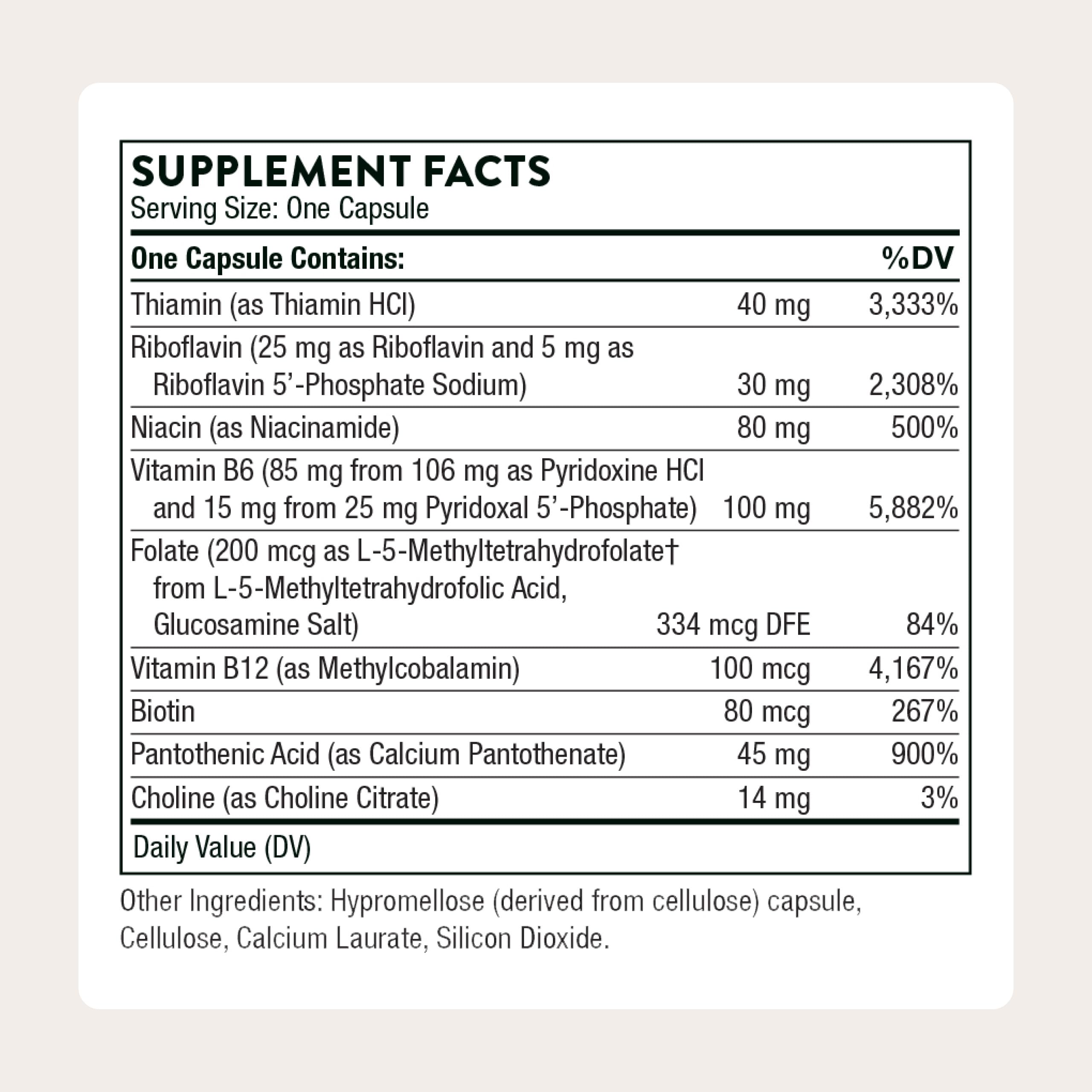 Thorne high potency vitamin B complex supplement nutrition facts label view.