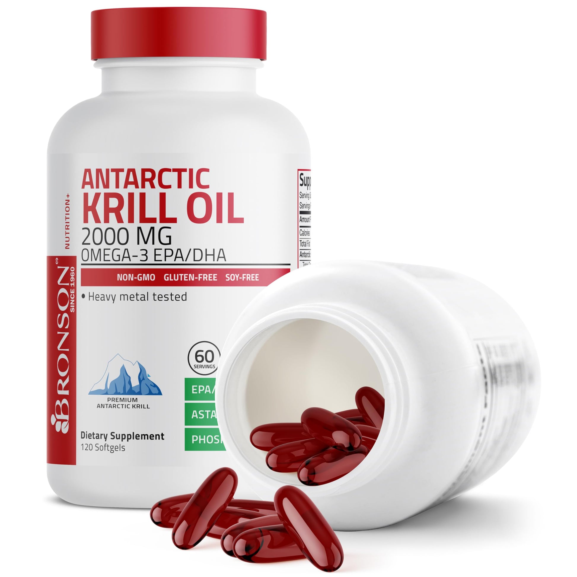Bronson Antarctic krill oil packaging emphasizing the 2000 mg dosage per serving.