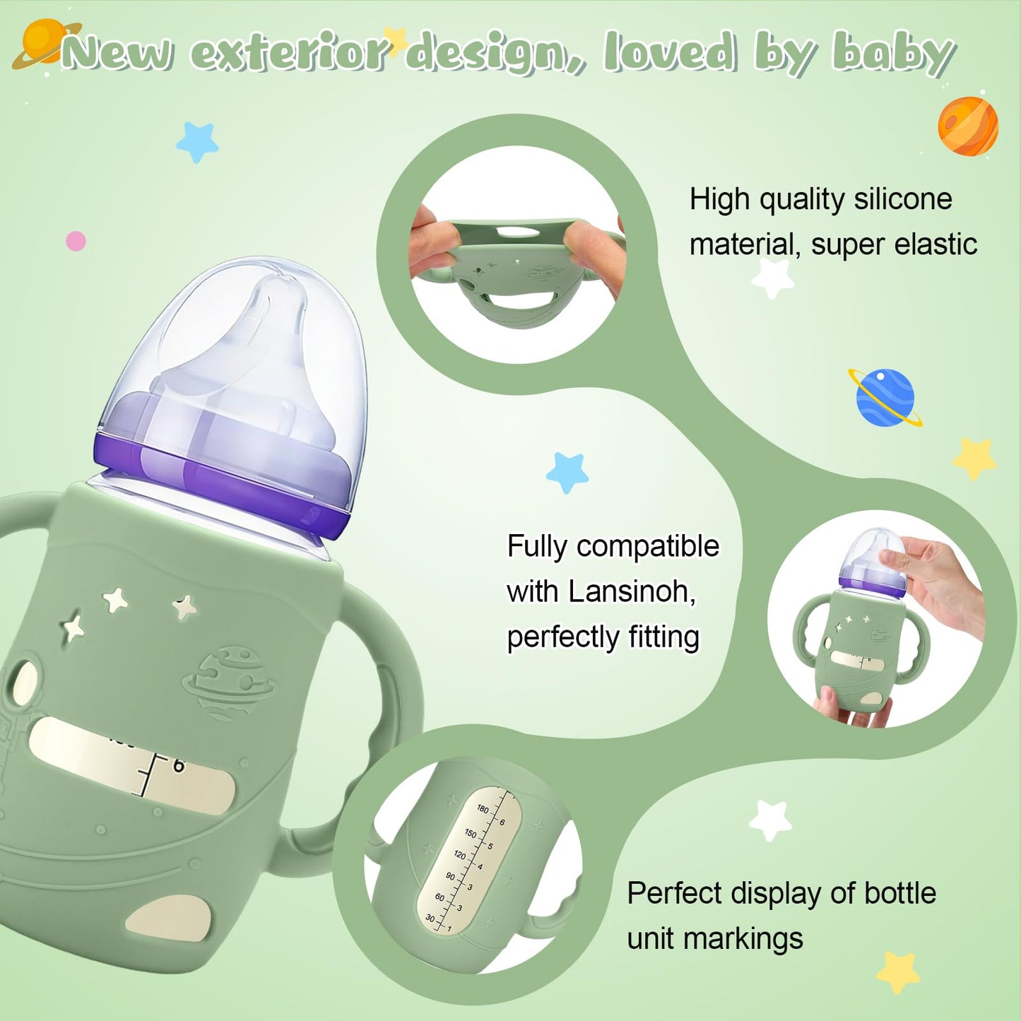 Ergonomic baby bottle handles on Lansinoh glass bottle