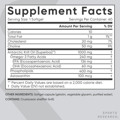 Close up view of the easy to swallow non GMO liquid softgels containing pure Antarctic krill oil.