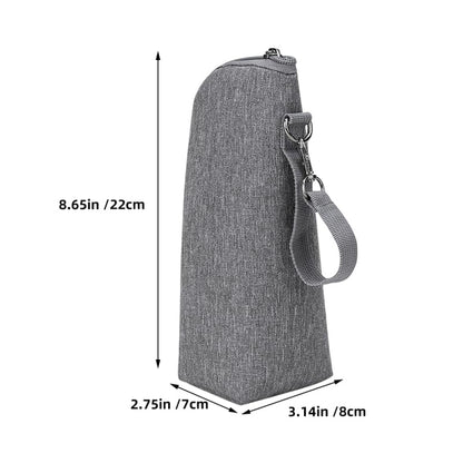 Grey insulated baby bottle cooler bag with zipper open