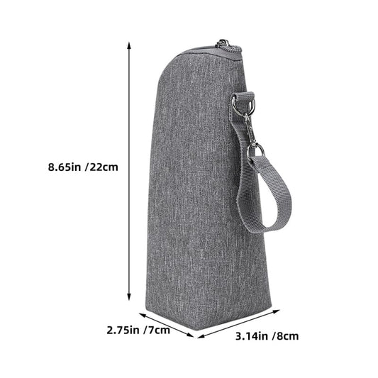 Grey insulated baby bottle cooler bag with zipper open