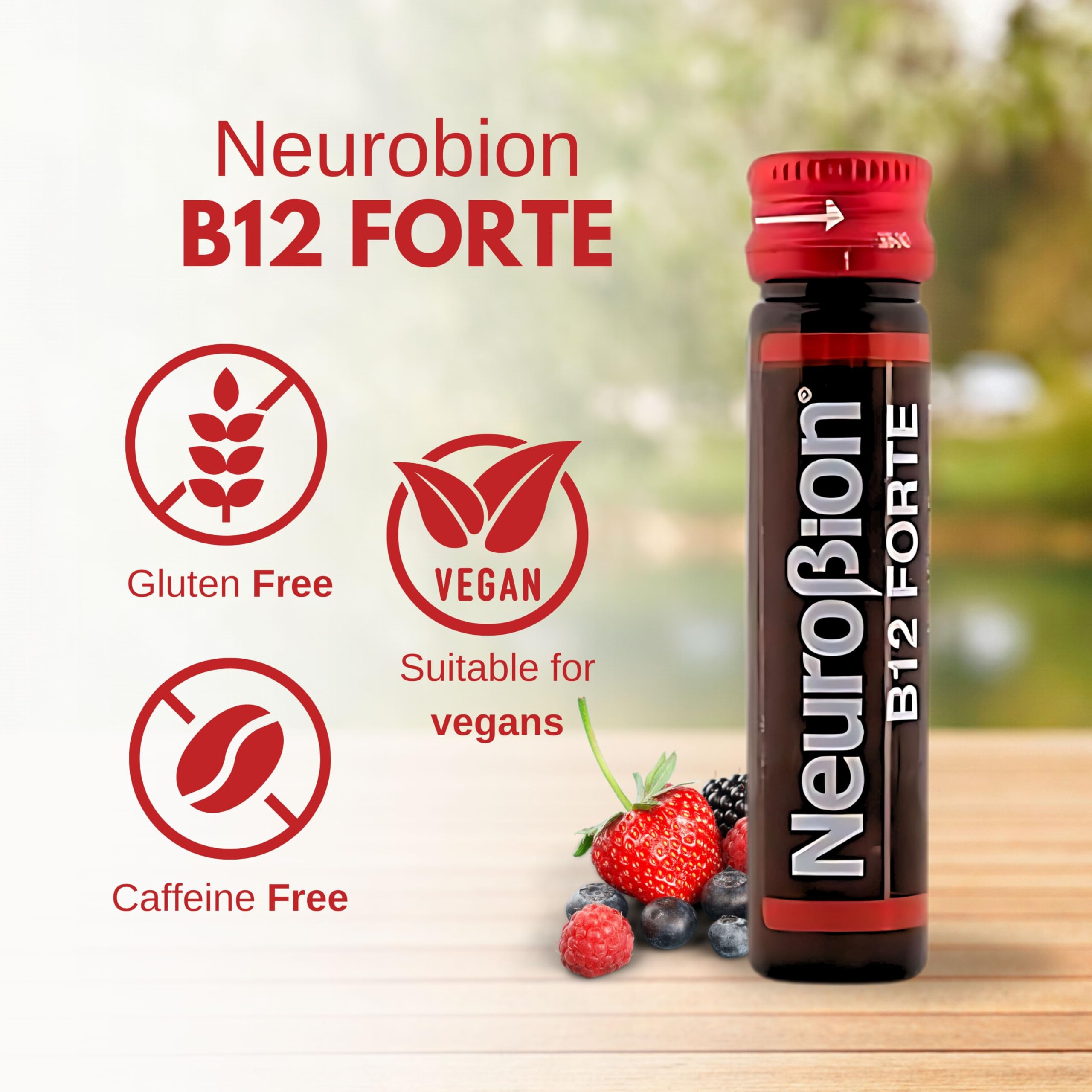 Side view of Neurobion B12 Forte packaging highlighting nutrition facts and high-potency ingredients list.