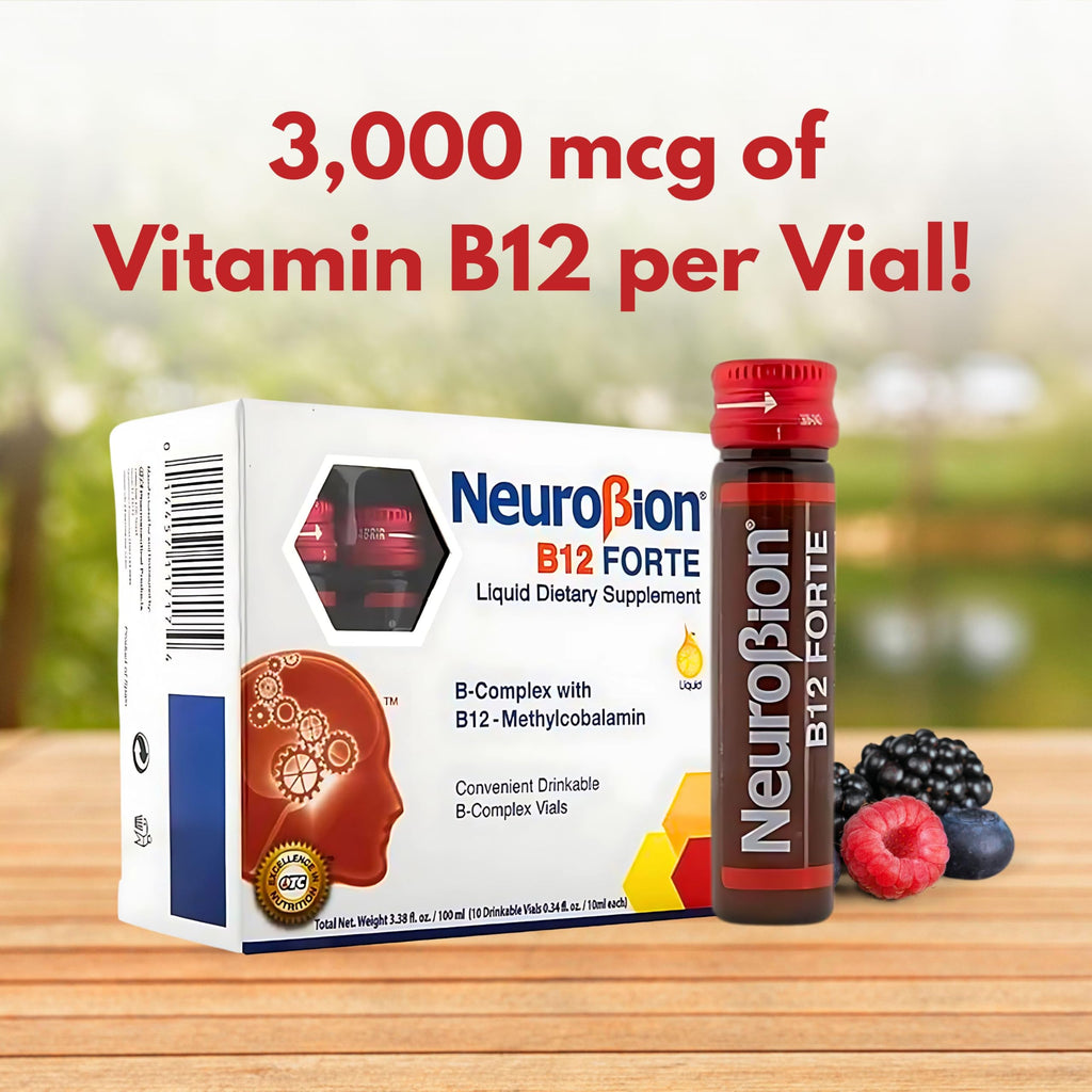 Close-up of an individual ten milliliter drinkable vial of Neurobion B complex energy support.