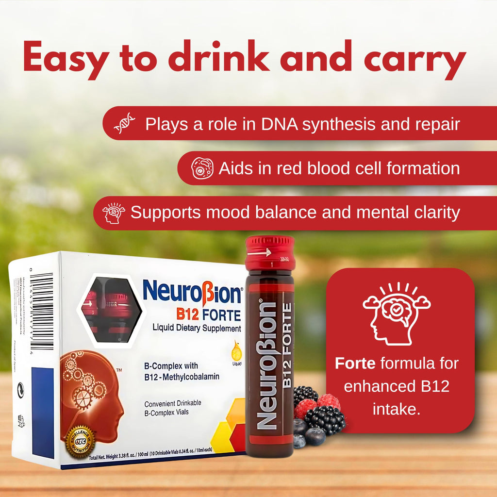 Neurobion B12 Forte liquid vials arranged neatly outside the commercial cardboard container.