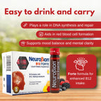 Neurobion B12 Forte liquid vials arranged neatly outside the commercial cardboard container.