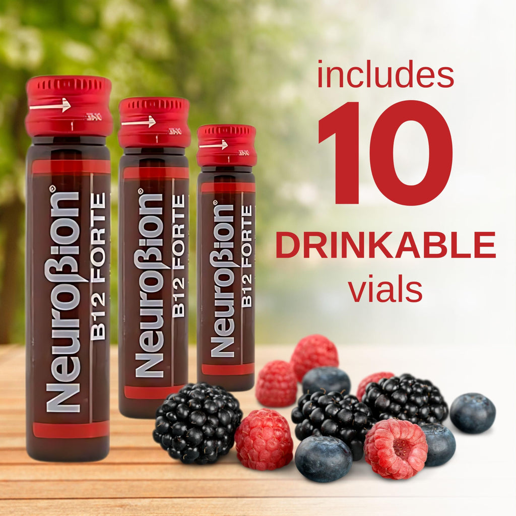 Neurobion B12 Forte liquid dietary supplement box displayed alongside an opened individual vial.