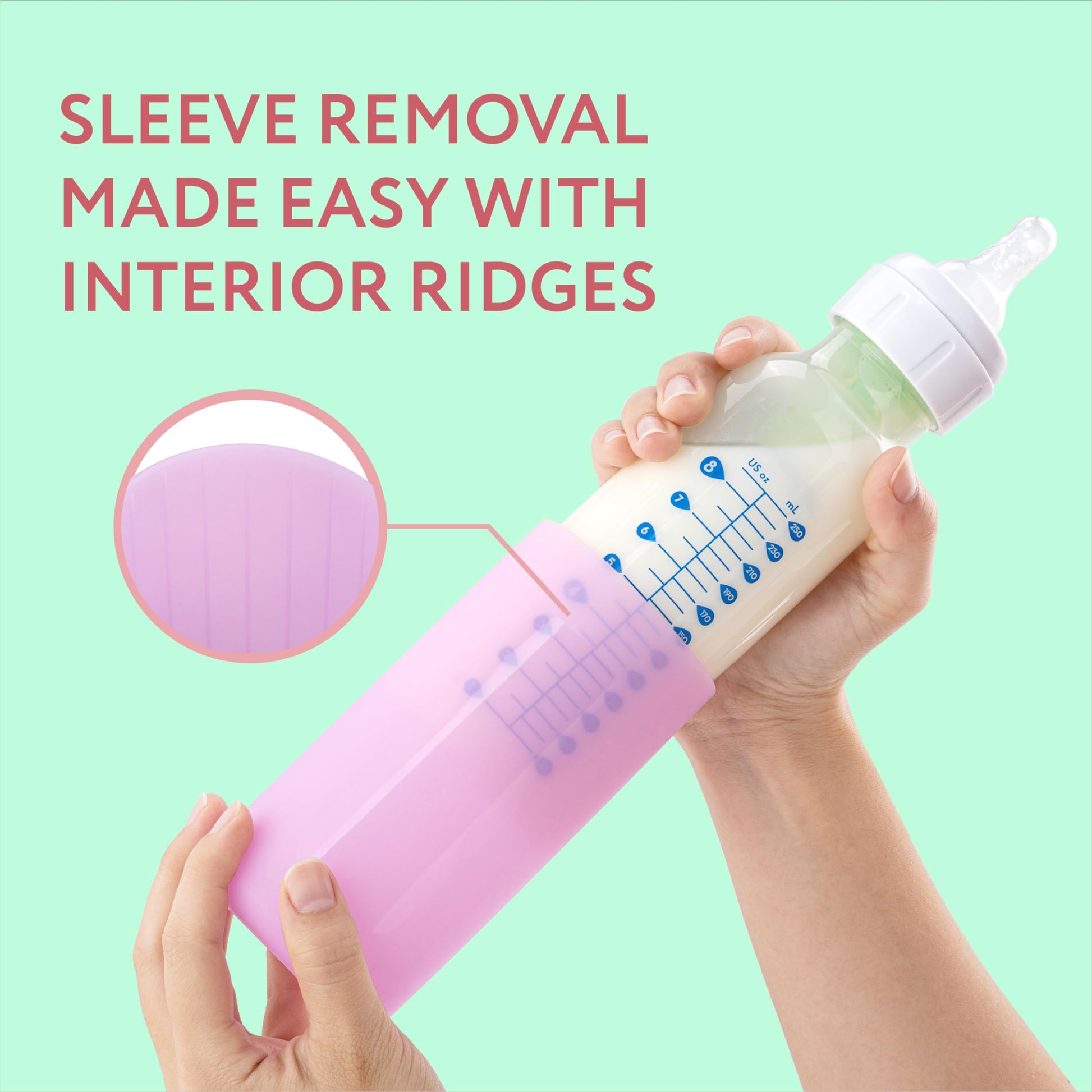 Side profile of Impresa protective sleeve on glass baby bottle