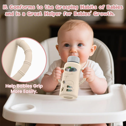 Close up of anti-drop silicone cover for glass baby feeding bottle