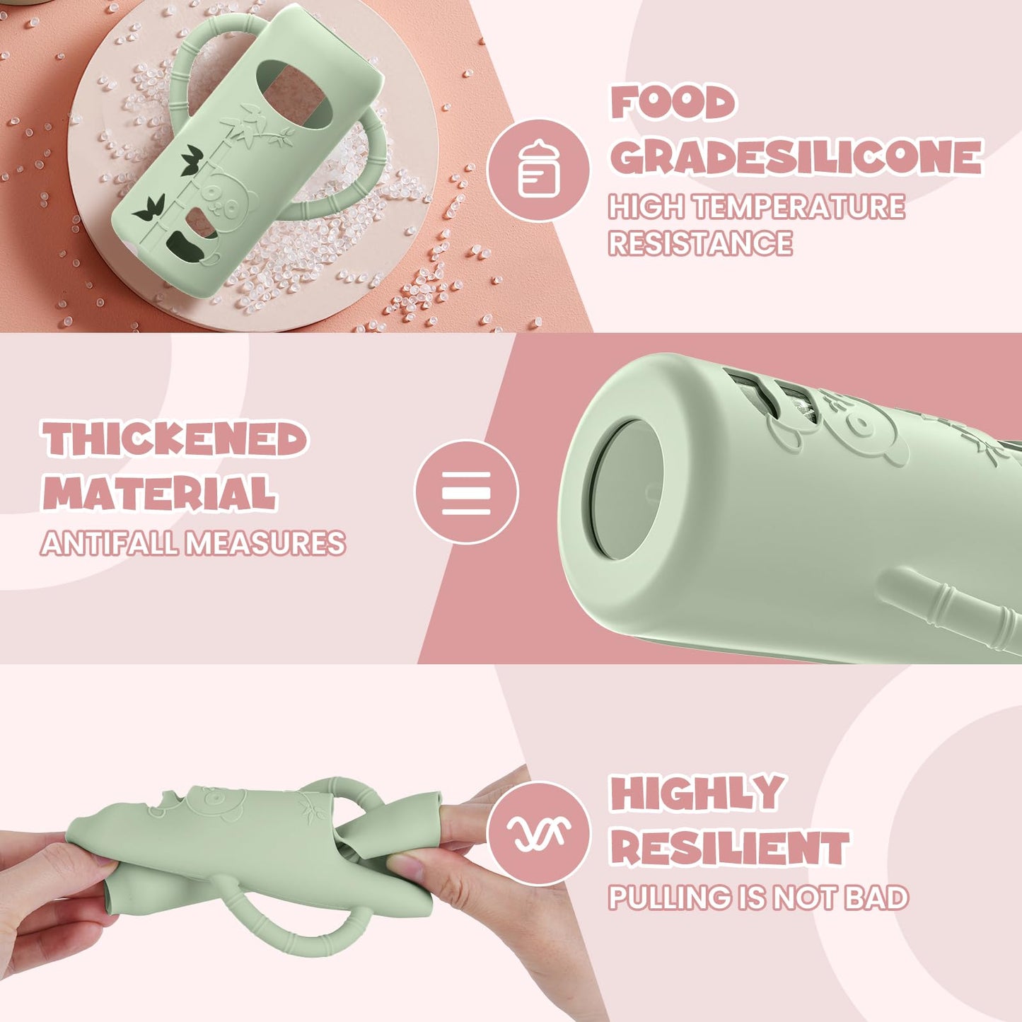 Child holding baby bottle with easy grip silicone handle sleeve
