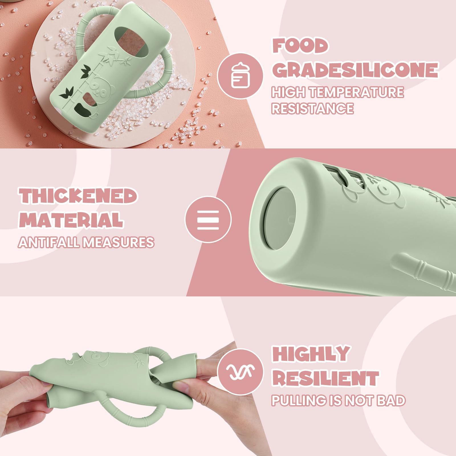 Child holding baby bottle with easy grip silicone handle sleeve