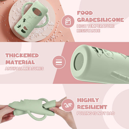 Child holding baby bottle with easy grip silicone handle sleeve