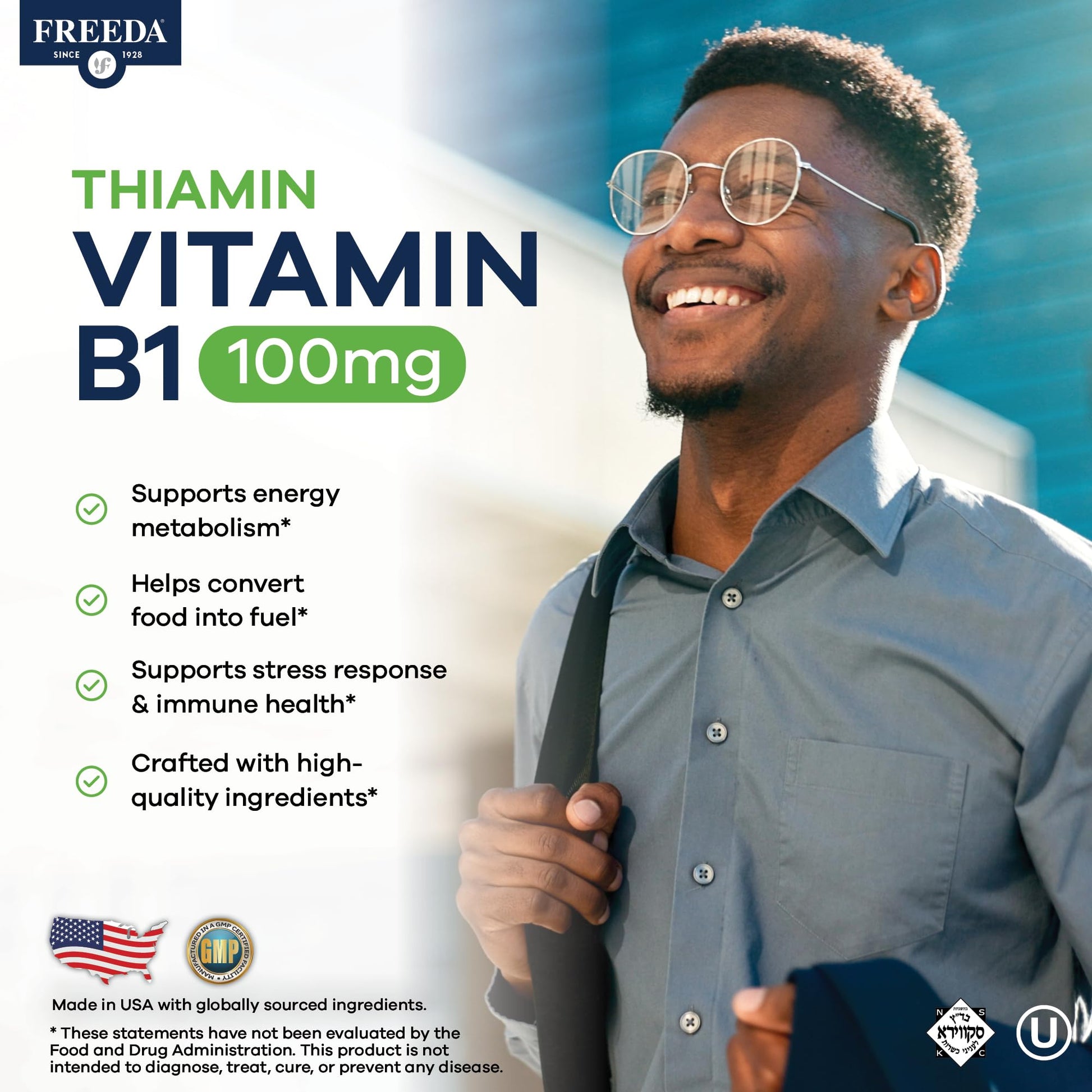Freeda Vitamin B1 100 Milligram Thiamin supplement showing vegan and gluten free certifications