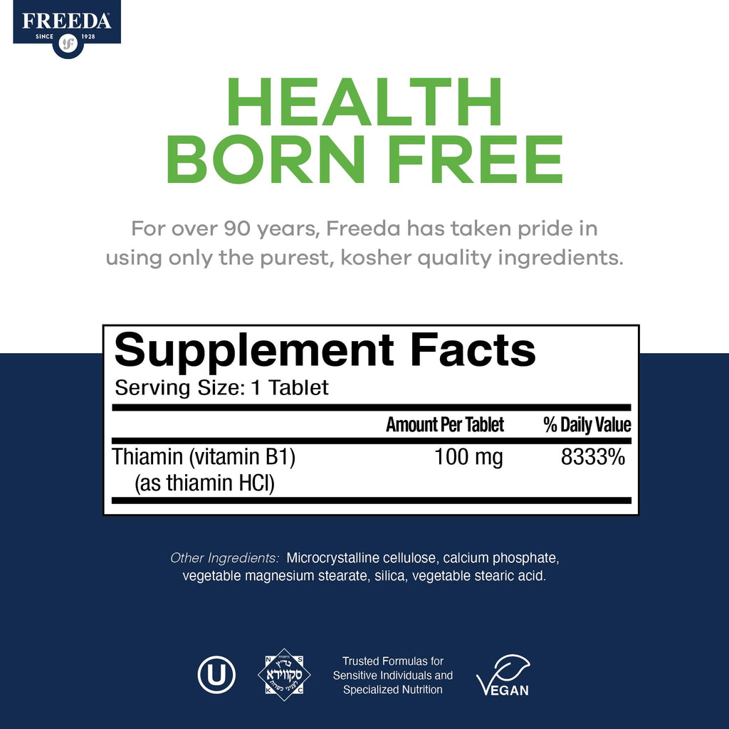 Freeda Vitamin B1 supplement bottle side profile showing ingredient facts
