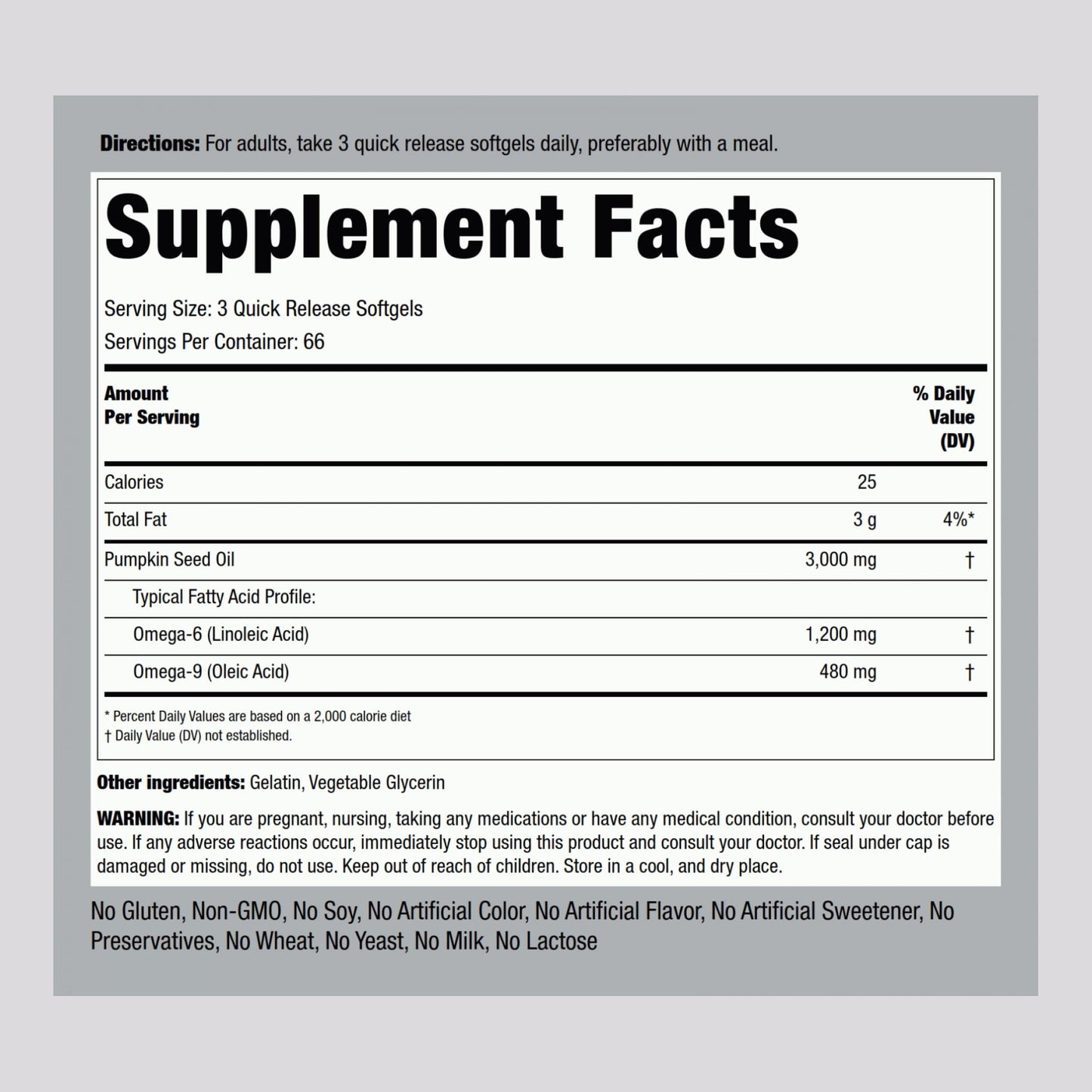 Piping Rock Pumpkin Seed Oil supplement bottle nutritional label