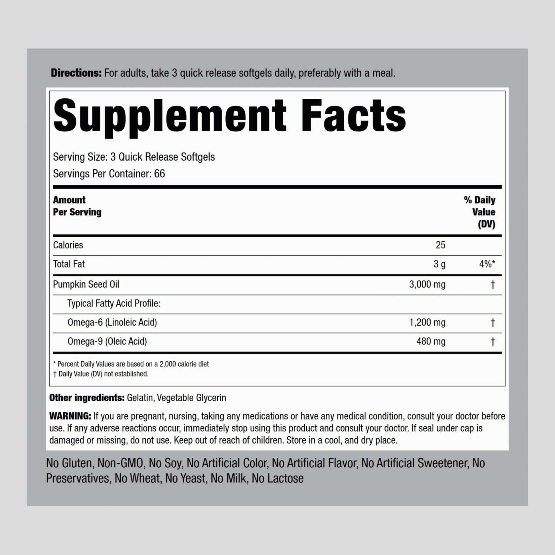 Piping Rock Pumpkin Seed Oil supplement bottle nutritional label