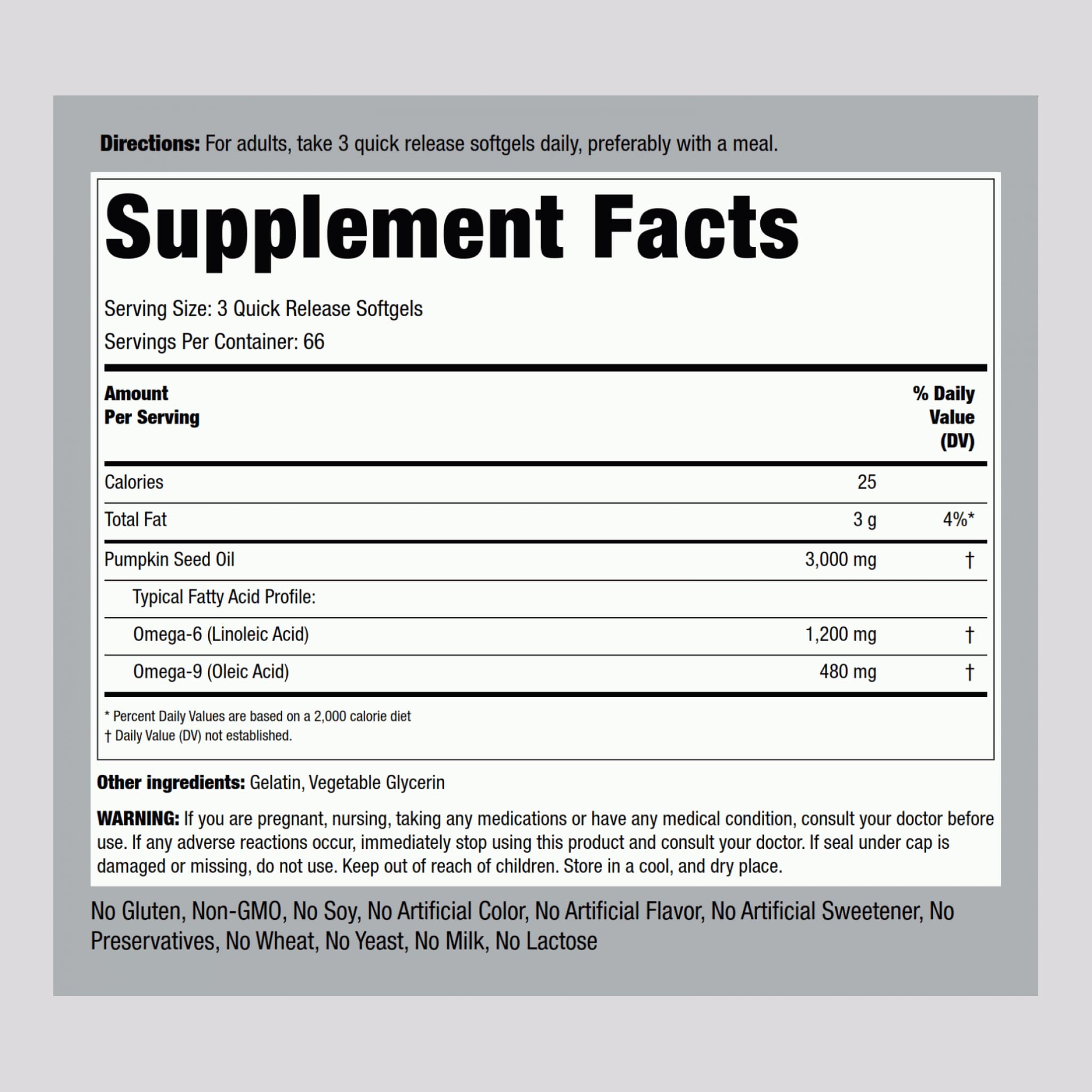 Piping Rock Pumpkin Seed Oil supplement bottle nutritional label