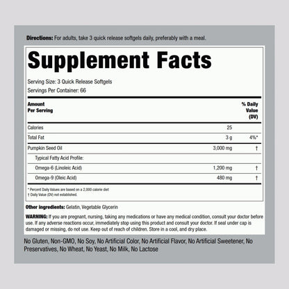Piping Rock Pumpkin Seed Oil supplement bottle nutritional label