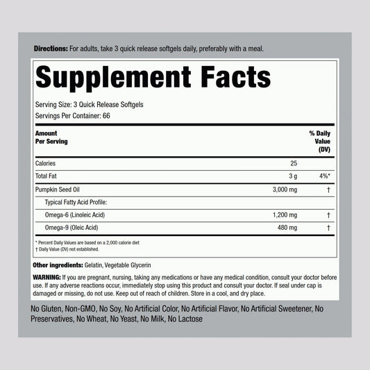Piping Rock Pumpkin Seed Oil supplement bottle nutritional label
