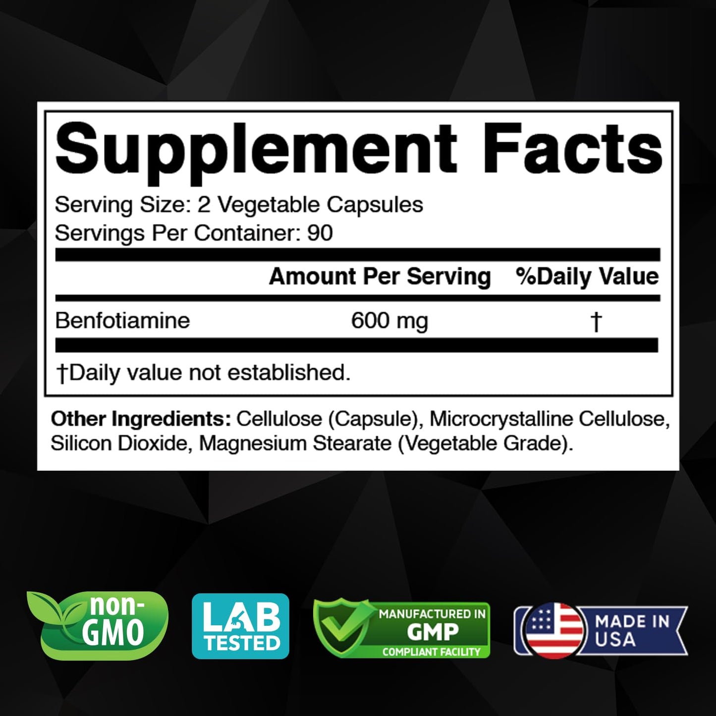 Vitabod Benfotiamine 600mg supplement facts panel detailing daily serving size and pure ingredients