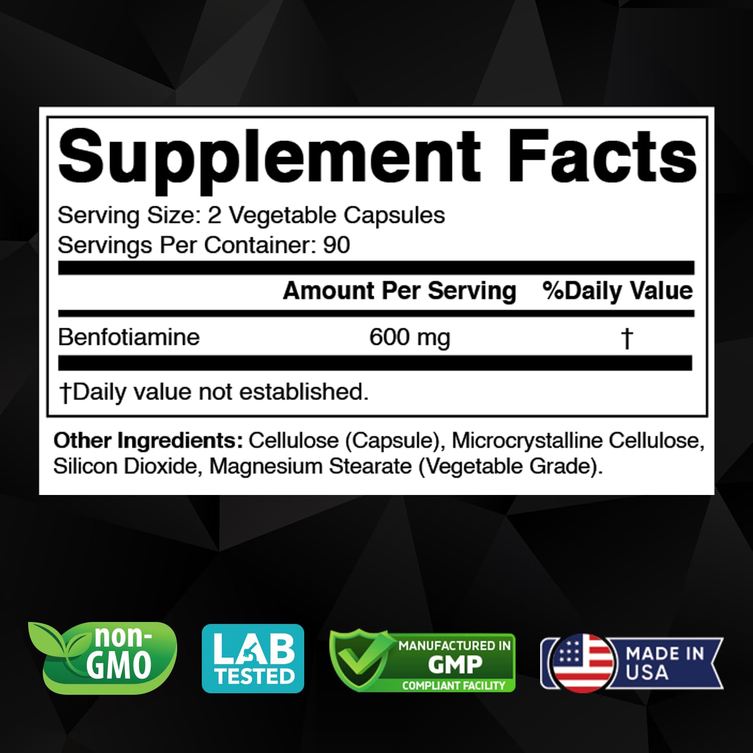 Vitabod Benfotiamine 600mg supplement facts panel detailing daily serving size and pure ingredients