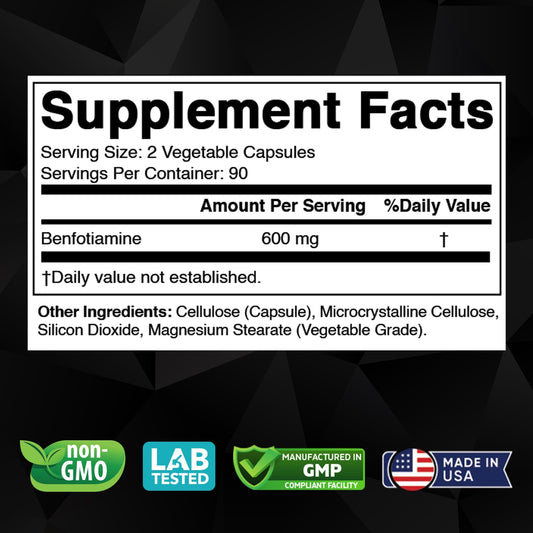 Vitabod Benfotiamine 600mg supplement facts panel detailing daily serving size and pure ingredients