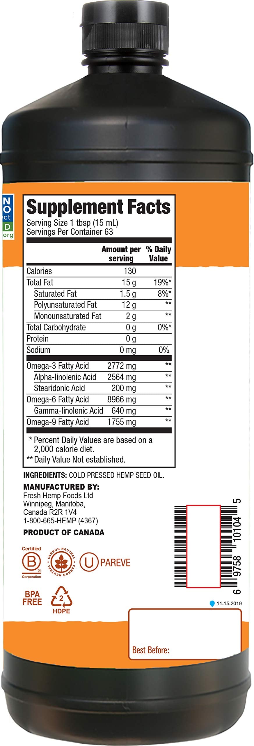 Manitoba Harvest hemp seed oil bottle size reference