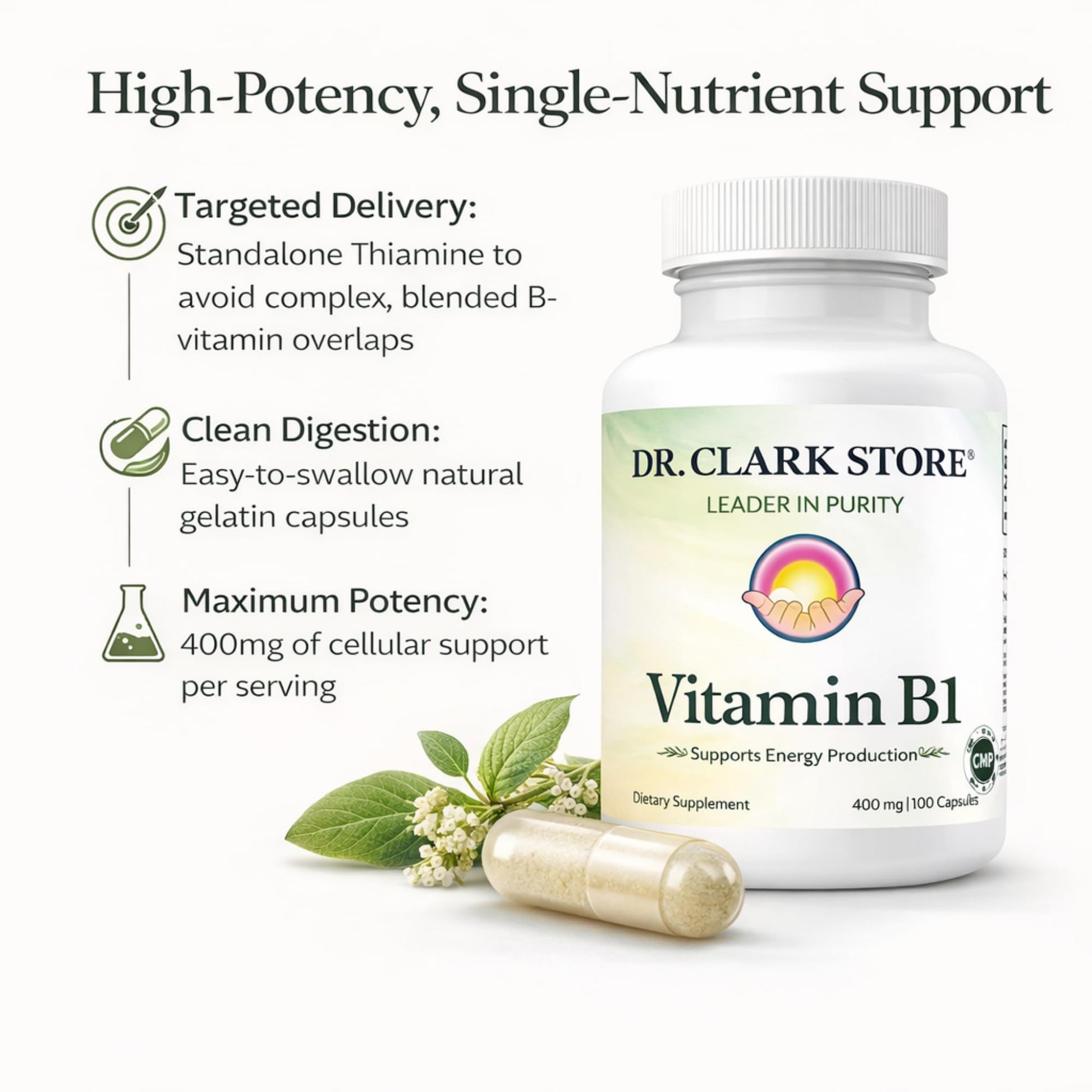 Side view of Dr. Clark Vitamin B1 bottle highlighting gluten free and dairy free features