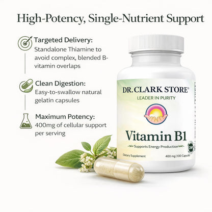 Side view of Dr. Clark Vitamin B1 bottle highlighting gluten free and dairy free features