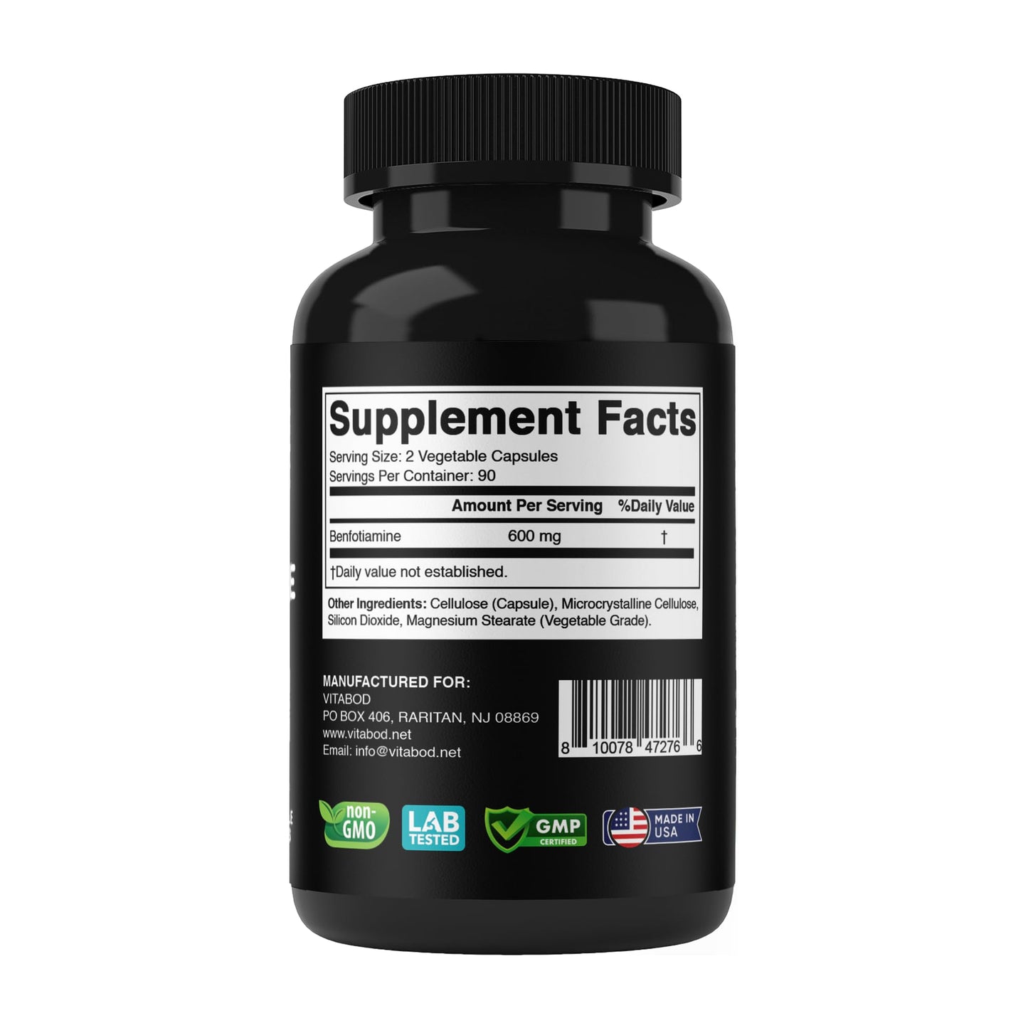 Premium Vitabod Vitamin B1 dietary supplement bottle resting on a clean surface for healthy lifestyle visualization