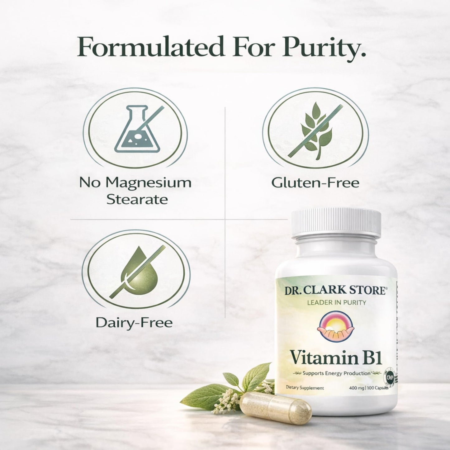 Back panel of Dr. Clark Vitamin B1 showing pure excipient free product information