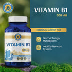 Side view of Vykee Nutrition Vitamin B1 dietary supplement bottle highlighting key nutritional facts.