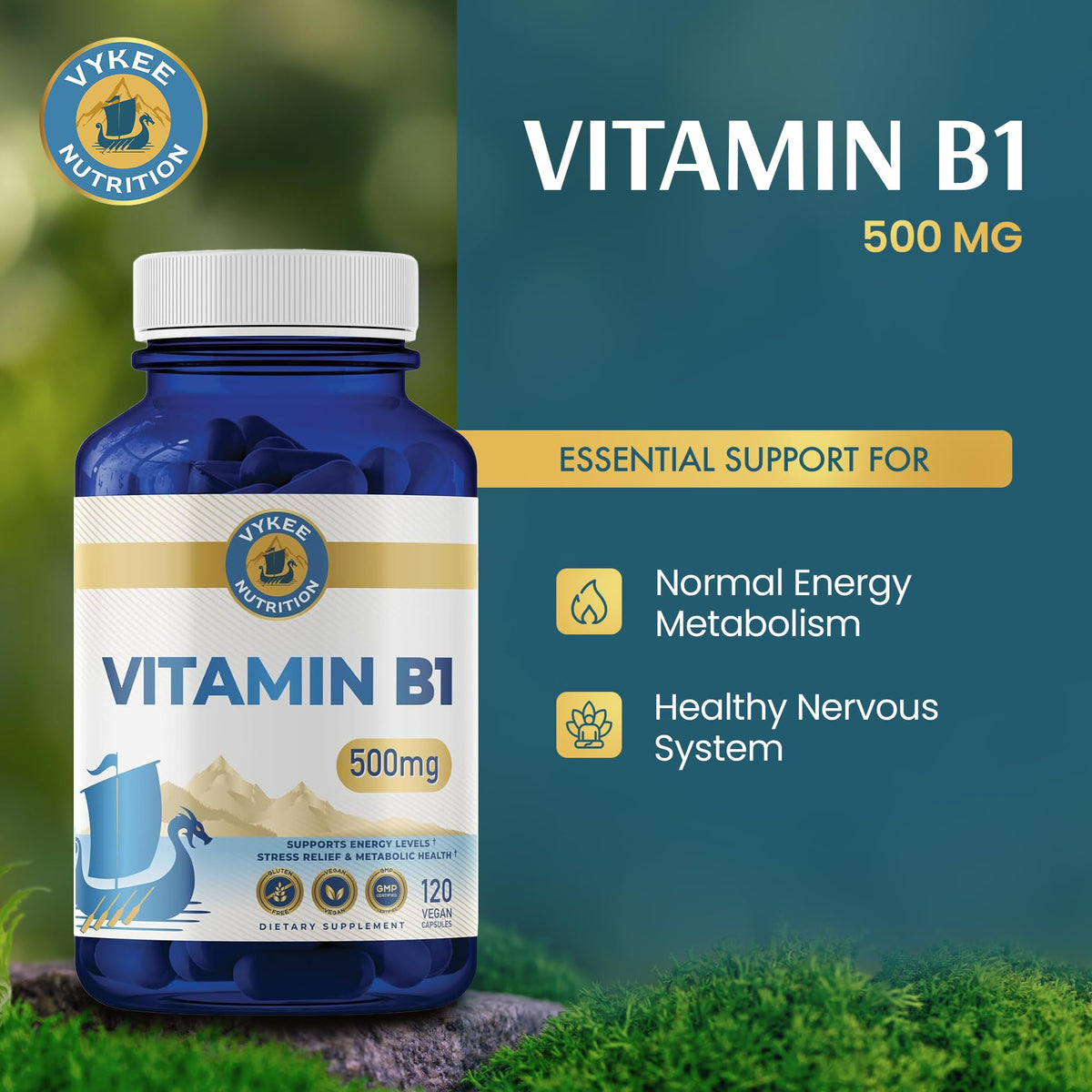 Side view of Vykee Nutrition Vitamin B1 dietary supplement bottle highlighting key nutritional facts.