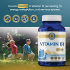 Close up shot of Vykee Nutrition Vitamin B1 vegan capsules spilling out of the blue container.