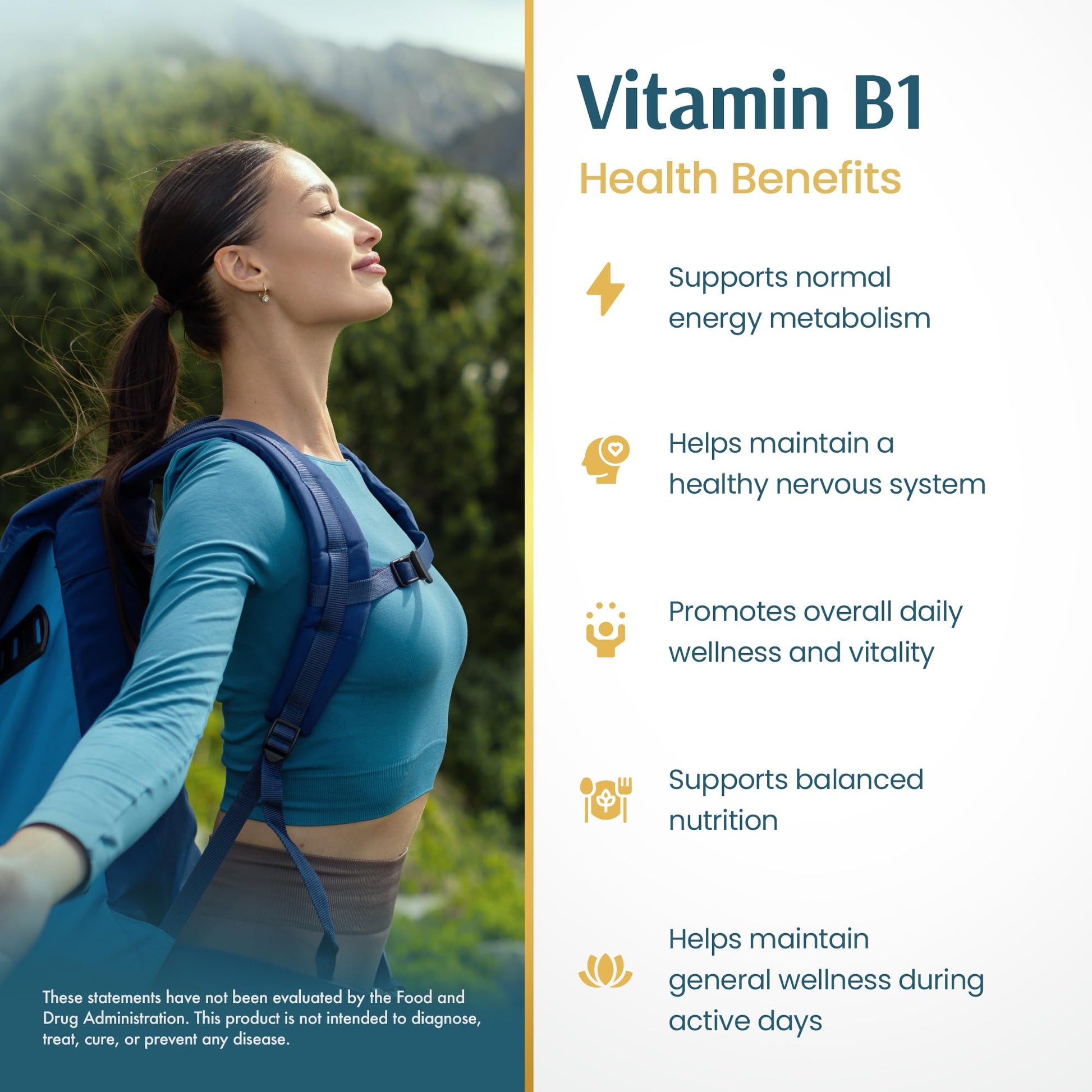 USA imported Vitamin B1 supplement bottle side panel view with usage instructions.