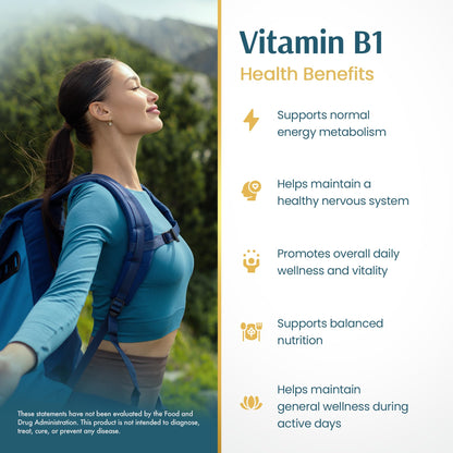 USA imported Vitamin B1 supplement bottle side panel view with usage instructions.