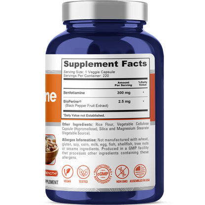 NusaPure Benfotiamine 300mg supplement facts and ingredient list side label