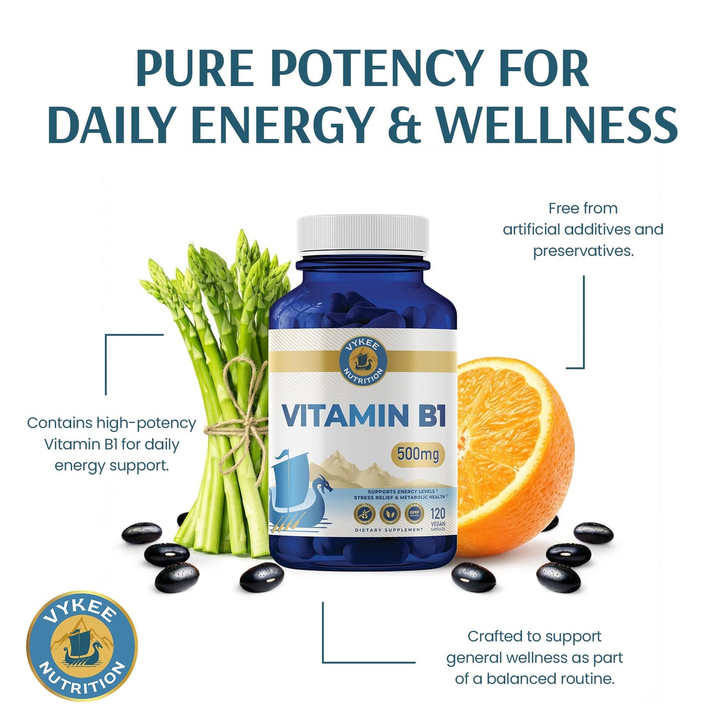 Vegan certified Thiamine 500mg capsules displayed on clean studio background.