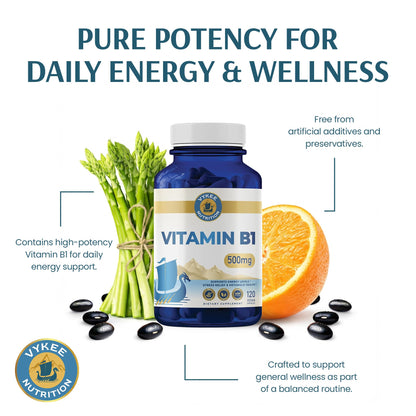 Vegan certified Thiamine 500mg capsules displayed on clean studio background.