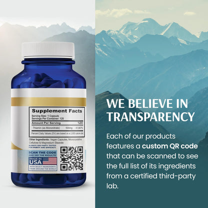 Vykee Nutrition Vitamin B1 120 count packaging highlighting nervous system health benefits.